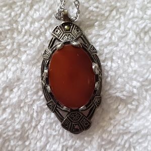 Vintage Jasper Cabochon Sterling Silver Necklace